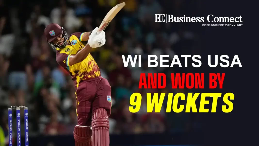 WI beats USA and won by 9 wickets.