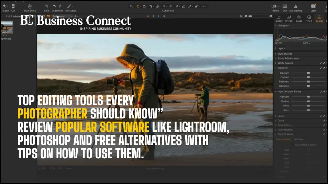 Top editing tools every photographer should know” Review popular software like  lightroom, Photoshop and free alternatives with tips on how to use them. 