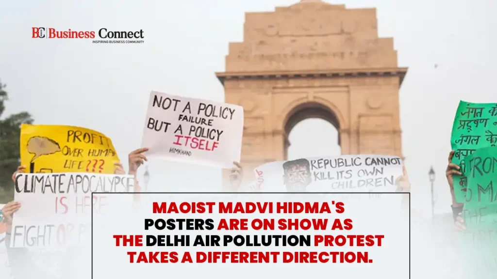 Maoist Madvi Hidma’s posters are on show as the Delhi air pollution protest takes a different direction. Maoist Madvi Hidma's posters are on show as the Delhi air pollution protest takes a different direction.