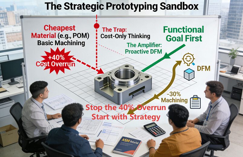 Avoid Up to 40% Cost Overrun in Your Next Prototyping Project with Strategic CNC Selection A war room whiteboard in an Indian product development office shows a decision sandbox for prototyping. A red arrow leading to the cheapest material ends in a +40% cost overrun explosion. A green arrow based on functional goals (structural, thermal, material match) and a gold arrow for DFM optimizations lead to a controlled, efficient outcome.