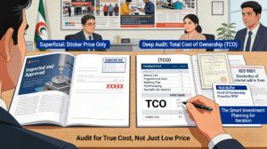 jpg A supplier evaluation meeting in India contrasts a superficial quote with just a sticker price against a detailed Total Cost of Ownership (TCO) dashboard that breaks down material, programming, machining time, and includes a risk buffer. A detailed DFM suggestion report and material certifications are also reviewed, highlighting a true partnership audit.