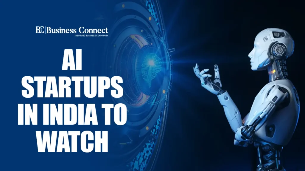 Business Connect graphic showing AI startups in India with humanoid robot and advanced technology concept