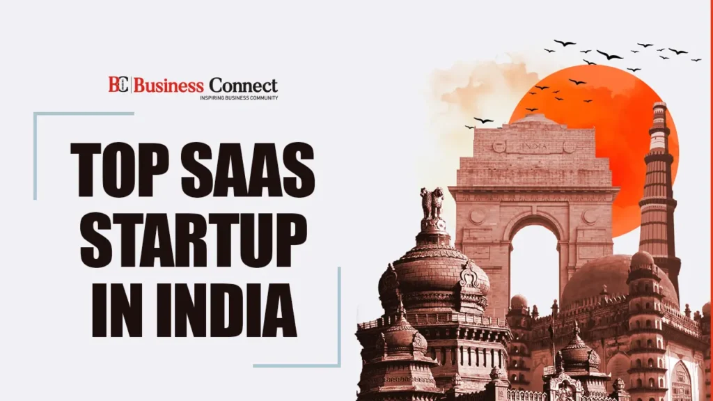 Top SaaS startup in India Business Connect graphic showcasing top SaaS startups in India with modern skyline and heritage monuments