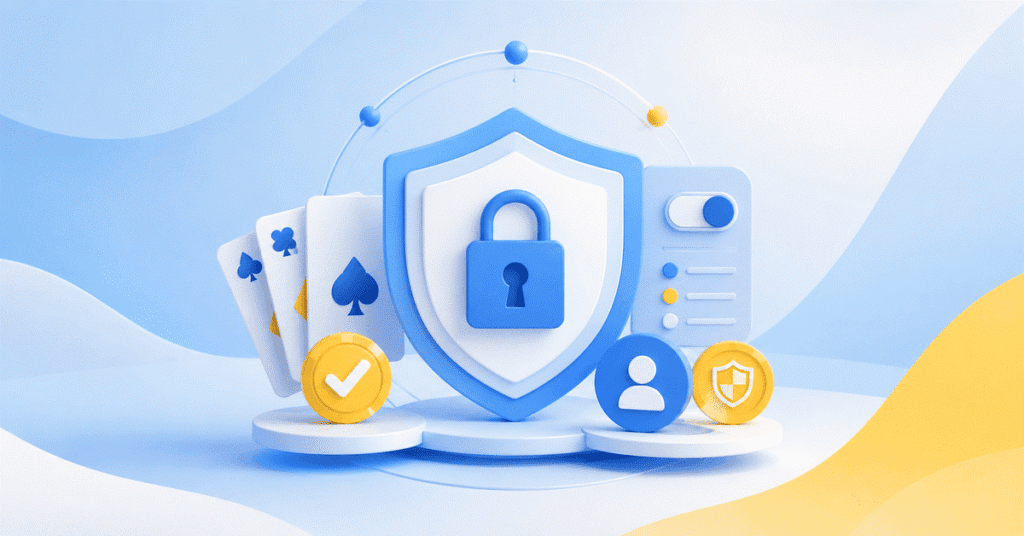 Minimal illustration of online rummy security with a shield, padlock, playing cards, and safety icons on a soft blue and yellow background. 
