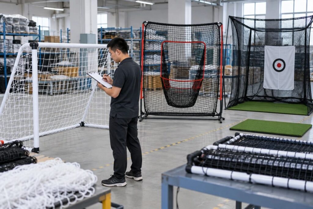 Sports net manufacturer checking finished training net quality 
