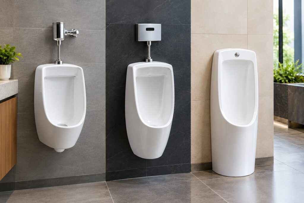 Wall-mounted, sensor-operated, and floor-mounted urinals for home and commercial spaces